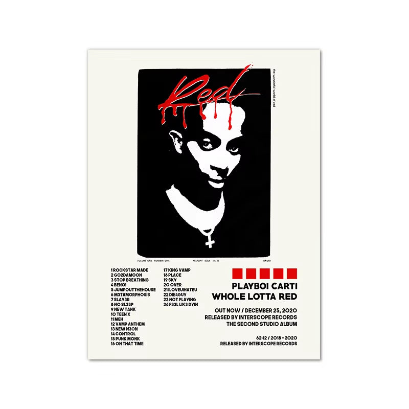 Playboi Carti Posters Whole Lotta Red Tracklist Album Cover Poster Die Lit Music Wall Art Canvas Painting Prints Decor Fans Gift